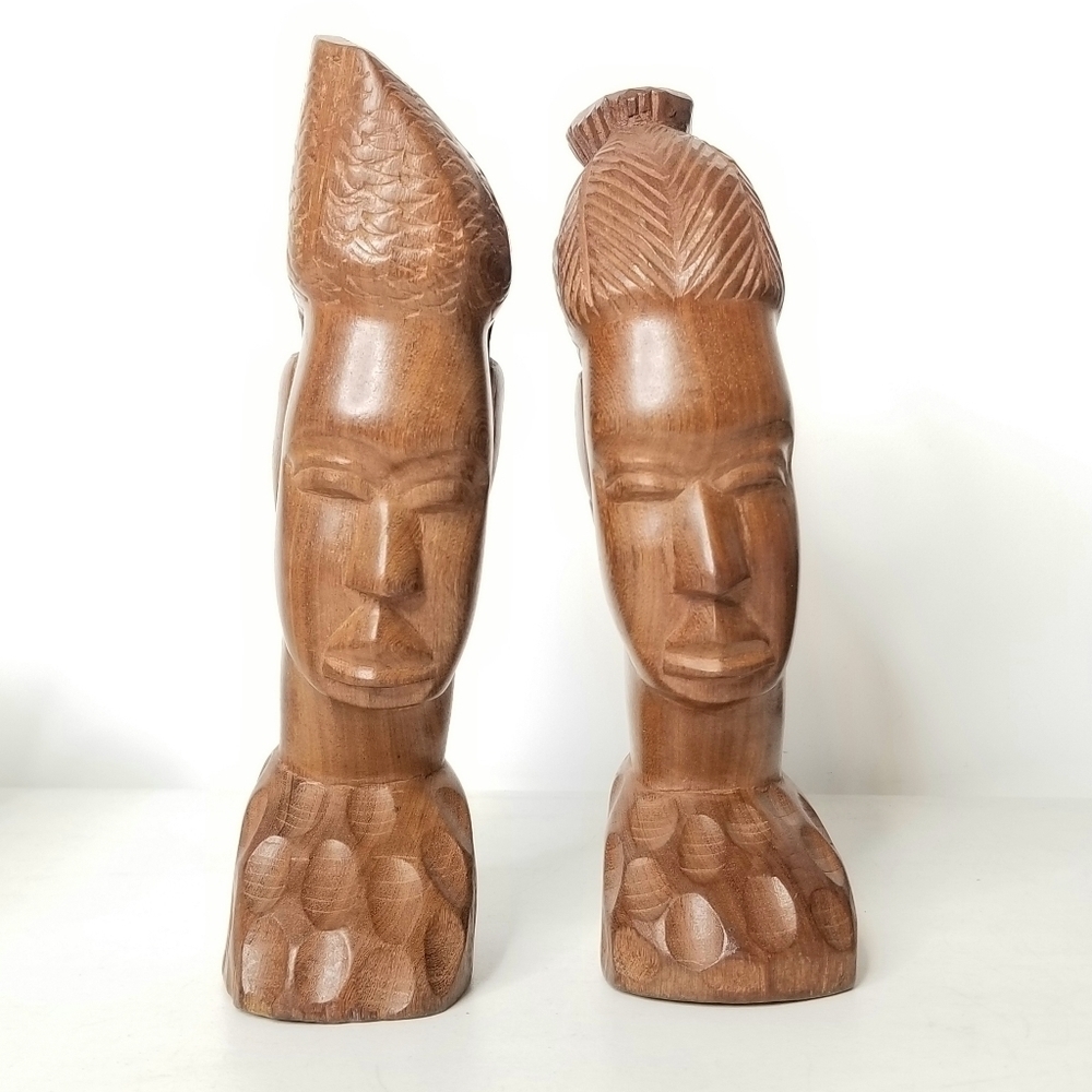 Vintage Wood African Male and Female Tribal Head Bust Art Figurine Sculpture